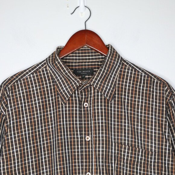 Ted Baker 100% Cotton Check Plaid Button Down Shirt Classic Office Brown Cream - Picture 7 of 8